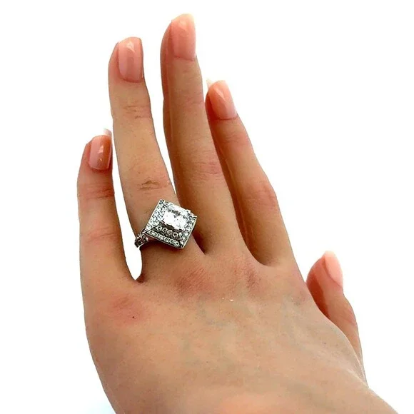 Designer 925 Sterling Silver Square Cubic Zirconia Three Tiered Engagement Ring